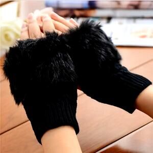 Plush Warm Ribbed Knitted Fingerless Gloves Great for Phone Black